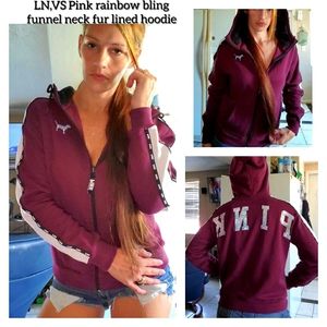 LN, VS Pink bling logo funnel neck fur line hoodie